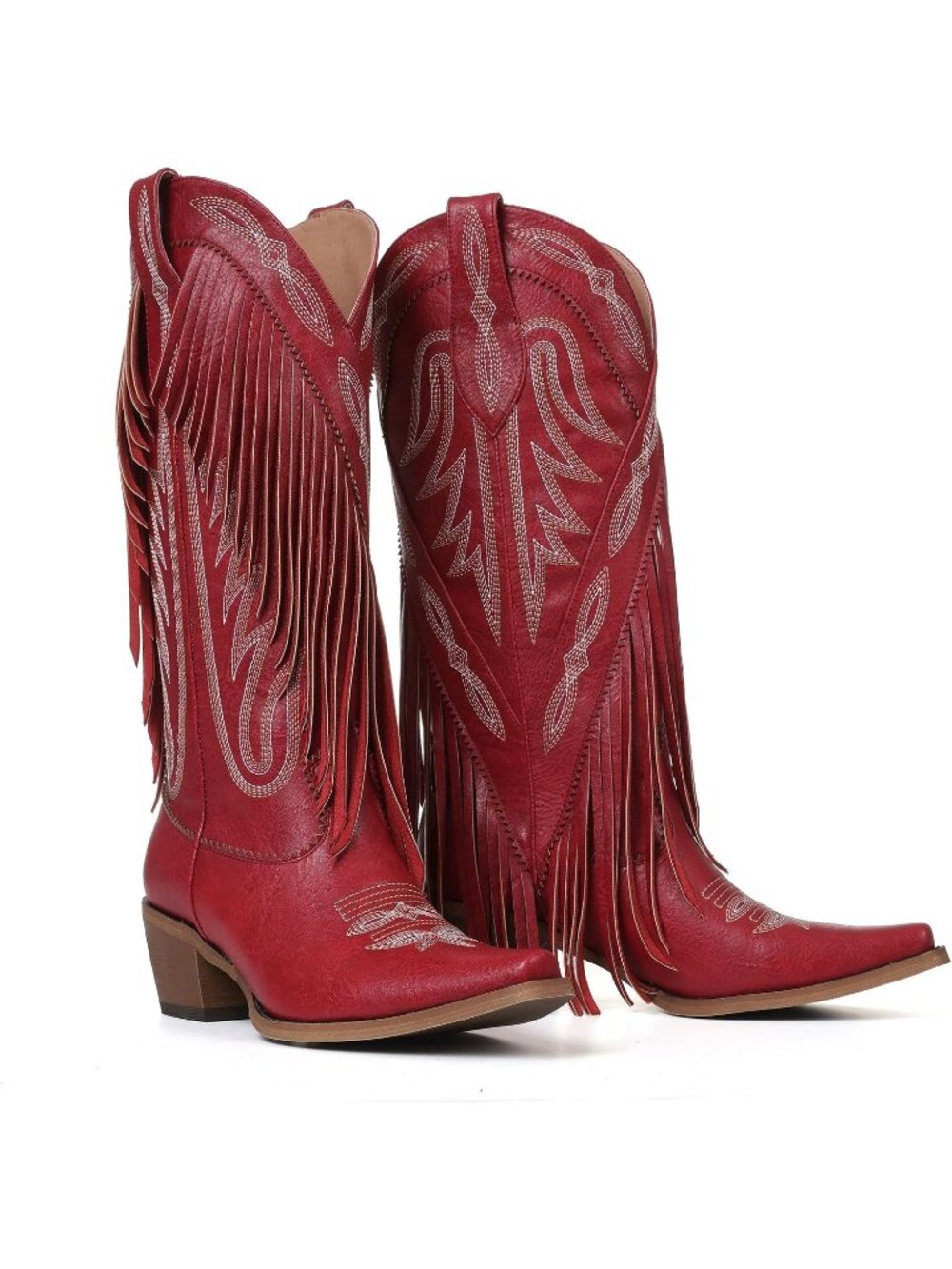 Women's Red Fringe Knee High Cowgirl Western Boots Pointed Toe Chunky Heels